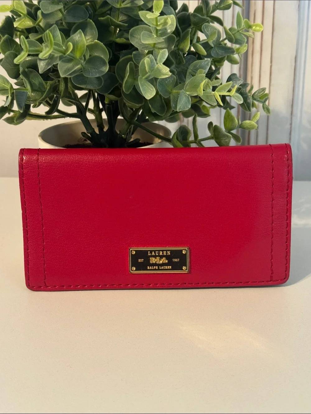 Lauren Ralph Lauren Red Leather Card Wallet with Gold Plate